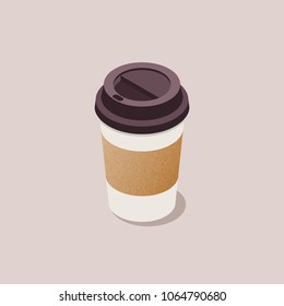 Flat style isometric vector coffee cup concept illustration. Material design disposable paper coffee cup clean realistic icon.