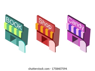 Flat style isometric vector of store shopping, book shop, candy shop.