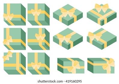 Flat style, isometric, wrapped gift or gift card with yellow ribbon on white background