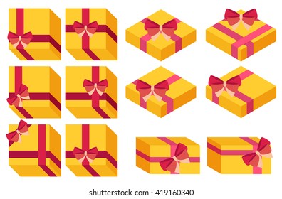 Flat style, isometric, wrapped gift or gift card with pink ribbon on white background