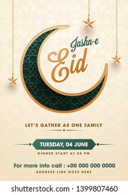 Flat Style Jasne Eid Party Invitation Card Design With Illustration Of Crescent Moon And Hanging Star On Islamic Pattern Background.