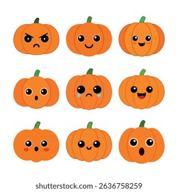 Flat Style Kawaii Halloween Pumpkin Clipart Set 1 – Cute Classic Expression Graphics