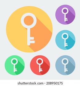 Flat style key icon with long shadow, six colors, vector illustration.