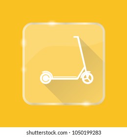 Flat style kick scooter silhouette icon with long shadow on transparent square button
