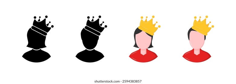 Flat style king and queen royalty icons set - vector silhouettes and colorful characters.