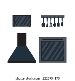 Flat style kitchen equipment set. Vector oven, range hood, cooking utensils and 
microwave oven