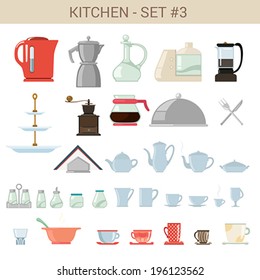 Flat style kitchenware vector icon set. Kettle, pot, sause, food processor, coffee maker,  Bar cafe restaurant collection.