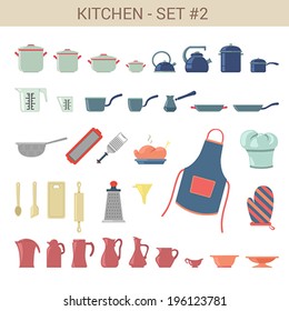 Flat style kitchenware vector icon set. pot, kettle, Cezve, toque, grater, sieve pan, chicken, apron, rolling pin, cutting board, mixer, mitten, decanter, sauce.  Bar cafe restaurant collection.