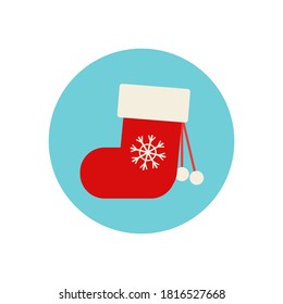 Flat style knitted Christmas stocking, sock, boot, Xmas icon, decoration element, vector illustration on blue background. Cute Christmas stocking, flat style icon