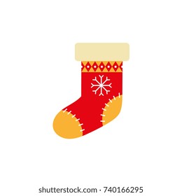 Flat style knitted Christmas stocking, sock, boot, Xmas icon, decoration element, vector illustration on white background. Cute Christmas stocking, flat style icon, decoration element