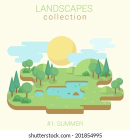 Flat style land scenic sunny summer green meadow lake pond in forest vector template. Landscapes vector illustration collection.