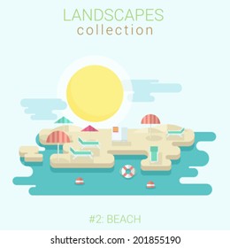 Flat style land scenic sunny summer abstract beach umbrella lounge sunbathing vector template. Landscapes vector illustration collection.