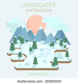 Flat style land scenic winter forest ice frozen lake pond in forest vector template. Landscapes vector illustration collection.