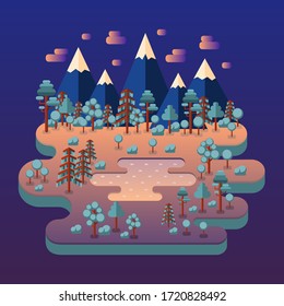 Ilustración horizontal de estilo plano. Diseño plano del bosque nocturno con montañas y pradera con lago.