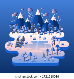 Flat style landscape illustration. Flat design of the winter night forest scenic with mountains and frozen lake.
