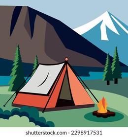 Flat style landscape illustration with tent, campfire, mountains, forest. Site background. Background for summer camp, nature tourism, camping or hiking design