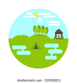 Flat style landscape. Two ponds, small camping on green meadow, three electric windmills and forest on hills, brown cottage with bushes in front of it, blue sky with white clouds and yellow sun
