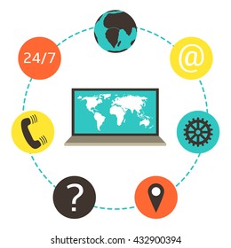 Flat style laptop with earth world map surrounded with icons. Icons collection including earth, phone, question mark. Technology background with laptop. Elements of this image furnished by NASA