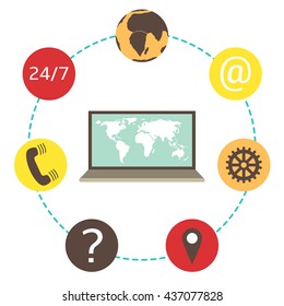 Flat style laptop with earth world map surrounded with icons. Icons collection including earth, phone, question mark. Technology background with laptop. Elements of this image furnished by NASA
