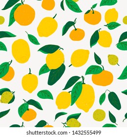 Flat style lemon and oranges seamless pattern. Repeating cartoon citrus fruits and leaves. Tiling green and yellow hand drawn citron objects for textile, print, fabric, backdrop, wallpaper, background