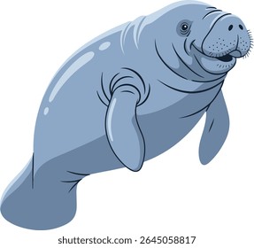 Flat Style Light Blue Smiling Manatee with Paddle Tail, Stubby Flippers, and Subtle Shading on White Background