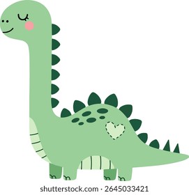 Flat Style Light Green Cartoon Dinosaur with Blush Cheeks, Spiky Back, and Embroidered Heart