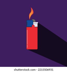 Encendedor de estilo plano aislado en un fondo violeta. Fuego de un encendedor. Icono de caricatura. Diseño plano de ilustración vectorial.