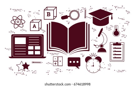 Flat style line art illustration of various educational elements, Can be used as web banner, hero image, website slider design.