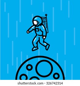 Flat Style Line Illustration of Astronaut on Moon Blue Background 