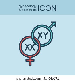 Flat style and linear design icons of gynecology and obstetrics concept. Logotype, sign and icon for print design, web, landing page and infographic