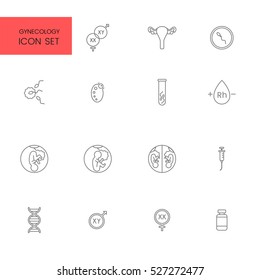 Flat style and linear design icons of gynecology and obstetrics concept. Logotype, sign and icon for print design, web, landing page and infographics.