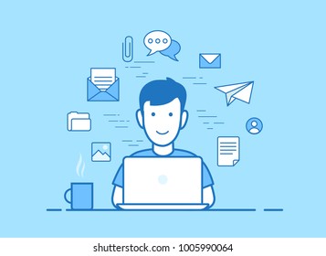 Flat style linear young man working process website infographics vector illustration concept. Male with laptop web icons: chat, massage, email, photo, folder, document, avatar profile