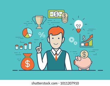 Flat style linear young man Idea Eureka website infographics vector illustration concept. Male hand up forefinger with web icons: lam bulb, money box pig, diagram graph chart, cup, piggy bank