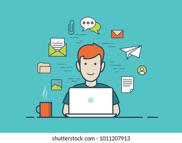 Flat style linear young man working process website infographics vector illustration concept. Male with laptop web icons: chat, massage, email, photo, folder, document, avatar profile
