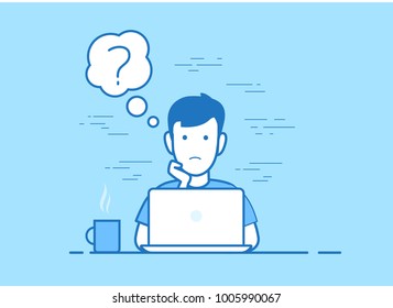 Flat style linear young sad man working laptop and sinking office workplace website slider banner infographics vector illustration web icons concept. Male sitting at pc computer, question chat cloud