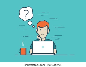 Flat style linear young sad man working laptop and sinking office workplace website slider banner infographics vector illustration web icons concept. Male sitting at pc computer, question chat cloud 