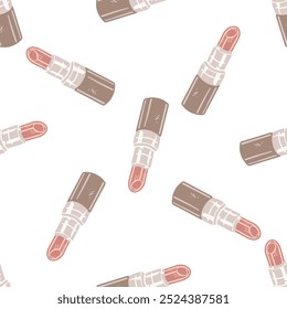 Flat style lipstick, beauty cosmetic element, self care seamless pattern. Illustration for beauty salon, cosmetic store, makeup design. Doodle sketch style.	