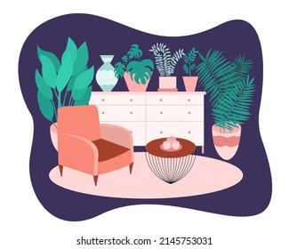 Diseño de salón de estilo plano. Diseño interior de sala de estar dibujada a mano con sillón y flores