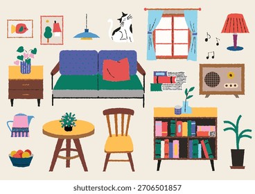 Conjunto interior de sala de estar de estilo plano. ilustración