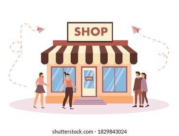 Estilo plano, tiendas locales, varias tiendas, descuentos, compra de bienes y regalos, invirtiendo en bienes raíces, concepto vectorial de compras.