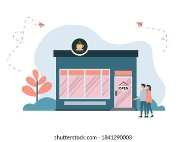 Flat style, local shops, various shops, discounts, purchase of goods and gifts, investing in real estate, shopping concept vector.