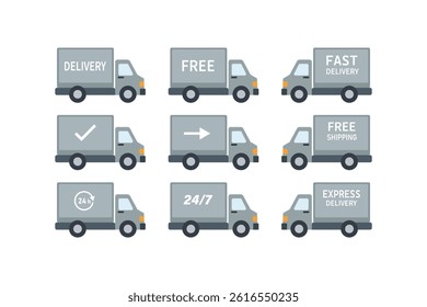 Flat Style Logistics Icons, delivery truck flat icon set, parcel delivery truck icons, cargo delivery truck vector