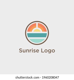 Flat style logo design, the concept of sunrise in the ocean, vector template.