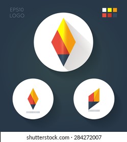 Flat style logo variants for minimalistic fire torch in white circles. Basic elements with color palette of corporate identity. Vector illustration.