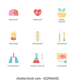 Flat style logotype template with medical symbols specialization. Isolated on background. Logo for your business. Clean and minimalistic symbol. Medicine concept.