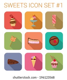 Flat style long shadow baking vector icon set. Cake, ice cream, lollipop, candy, pie.  Sweet icons collection.
