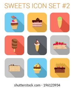 Flat style long shadow baking vector icon set. Cake, tart, ice cream, pie.  Sweet icons collection.