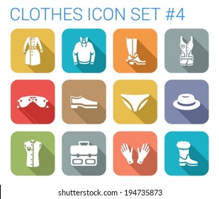 Flat style long shadow clothes silhouette vector icon set. Coat, jacket, boots, swimsuit, bra, panties, gloves, hat, bag etc.