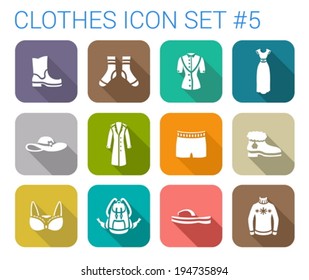 Flat style long shadow clothes silhouette vector icon set. Boots, socks, blouse, evening dress, hat, bra, boots, sweater.