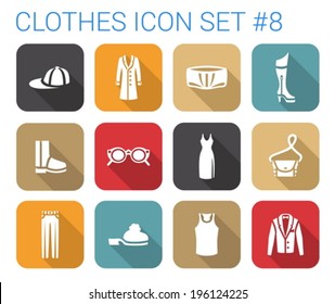 Flat style long shadow clothes silhouette vector icon set. Cap, coat, panties, boots, sunglasses, dress, bag, pants, shoes, singlet, jacket.  Clothing collection.